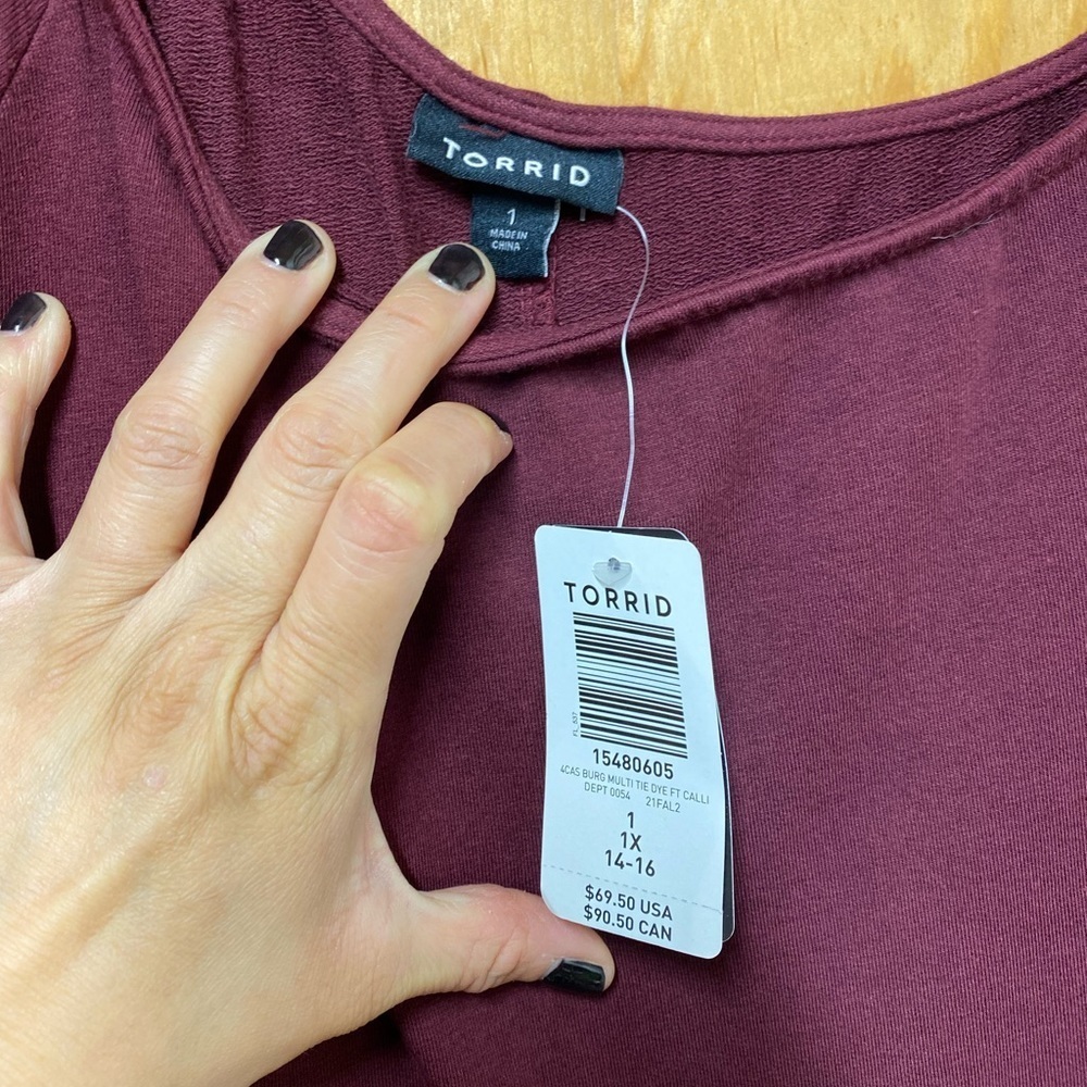 Nwt torrid burgandy dip dye off shoulder terry tshirt dress size 1x - Picture 5 of 6